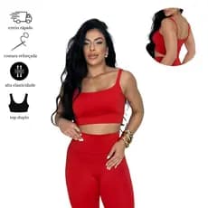 Conjunto Fitness Feminino Top Alça Elástico Calça Cós Anatômico