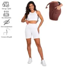 Conjunto Academia Feminino Short Forrado com Bolso e Top Cropped Fitness Confortável