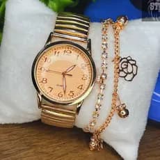 Relógio Feminino de Pulso Quartz Pulseira Elástica Analógico Redondo Dourado e Rose Preto Prata
