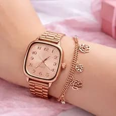 Kit Relógio Feminino Luxo com Pulseira + Caixa – Prata, Preto, Dourado e Rose | Elegante e Moderno