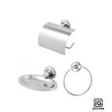 Kit Acessórios para banheiro 3 peças inox, Papeleira c/Proteção,Saboneteira e Porta Toalha Argola
