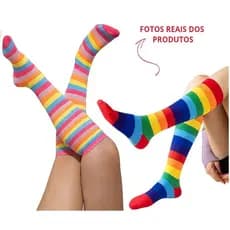 Meia Longa Listrada Cano Longo Comprid 3/4 Colorida Arco Iris | Meias Divertidas Juvenil e Adulto Estica Geek  (32 a 39)