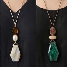 Kit Maxi Colar Feminino Pedra Resina Artesanal Cordão Encerrado | Colar Boho Rústico Longo Leve Moderno