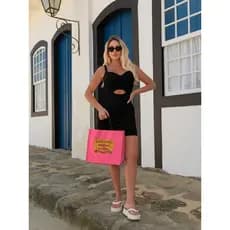 Vestido Curto Feminino Ana Bella Ribana Canelada Justo Confortável com Recorte Lateral Moda Verã
