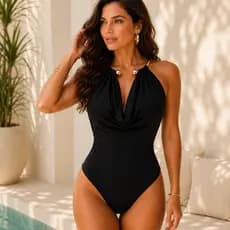 Maiô Feminino Frente Única Com Decote Drapeado Argolas Douradas Moda Praia Luxo Verão
