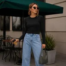 Blusa Feminina Cacharrel Manga Longa Canelada Gola Redonda Básica Feminina