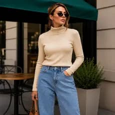 Blusa Feminina Cacharrel Manga Longa Canelada Gola Alta Básica Feminina