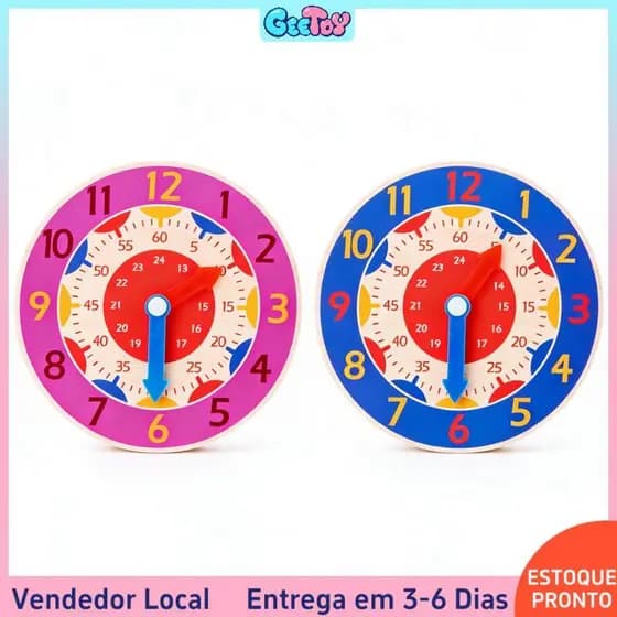 Relógio Montessori em Madeira Colorido para Aprendizado de Horas, Minutos e Segundos, Brinquedo Educativo para Crianças