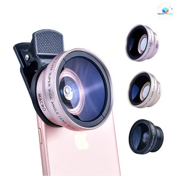 Kit de Clip de Lente HD Externa para Celular 2em1 Lente  Super Macro e Grande Angular Compatível com todos os telefones