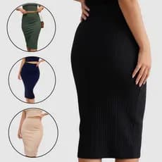 Saia Midi Canelado Feminina Cintura Alta Casual Evangélica Elegante