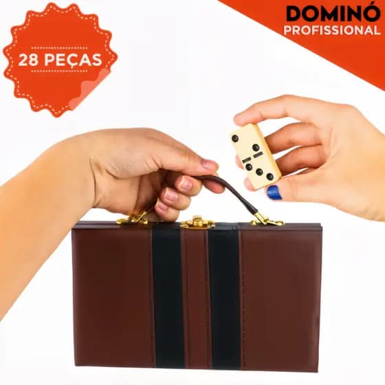Dominó Profissional Maleta Couro Premium Osso 28 Peça Grossa Estojo Trava de Segurança