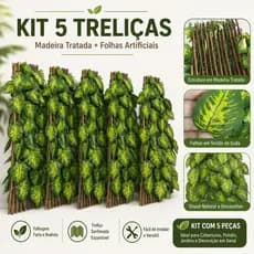 Kit 5 Treliça Gradil Madeira Real Tratada c/ Folhas Artificiais Seda Resistente Sol Chuva 2m Sanfona
