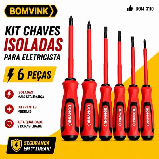 Kit 6 Chaves Isoladas 1000V para Eletricista Profissional – Jogo Chave Fenda e Phillips Isolada Alta Tensão