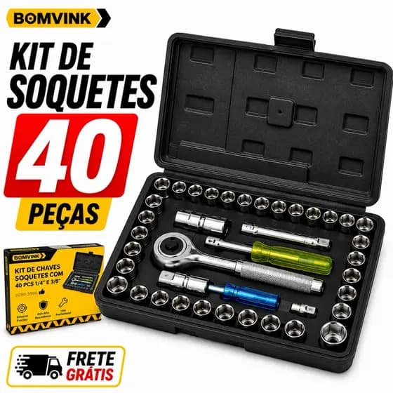 Kit Chave Soquete 40 Peças 1/4 e 3/8 Profissional com Maleta Completa