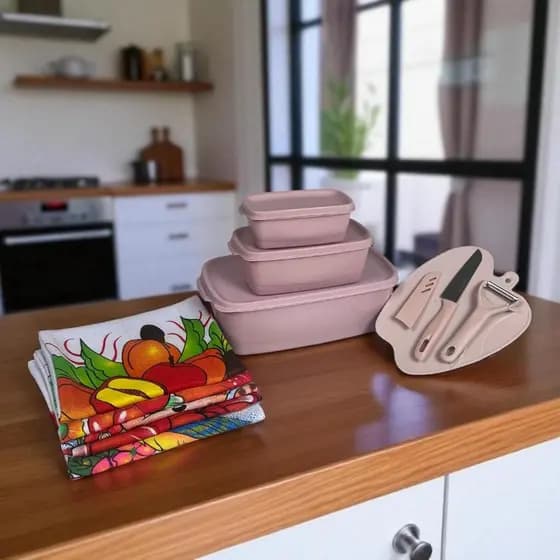 KIT Potes  Retangular ROSA + uma Tabua de corte um Descascador de alimentos e uma Faca ROSA + 5 PANOS DE PRATO.
