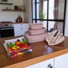 KIT Potes  Retangular ROSA + uma Tabua de corte um Descascador de alimentos e uma Faca ROSA + 5 PANOS DE PRATO.