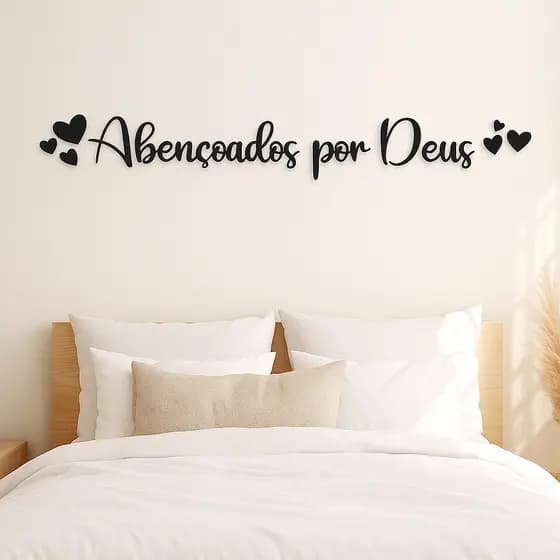 Placa Decorativa Parede Abençoados por Deus + 6 Mini Corações MDF Quarto Sala Casa Decoração Bíblica