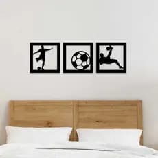 Kit 3 Quadros Futebol Bola Jogador em MDF Preto 3mm