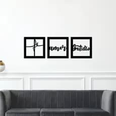 Quadro Decorativo Quarto Sala Fé Amor Gratidão 3 Peças Mdf 3mm Preto