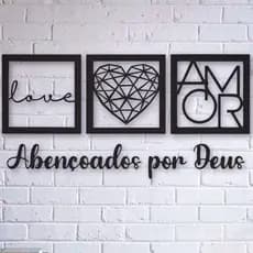 Kit 3 Quadros Decorativo Sala Love Coração Geométrico Amor + Frase Abençoados por Deus MDF 3mm Preto