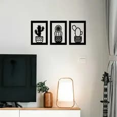 Aplique Kit 3 Quadros Vazados Cactos Decoração Quarto Sala Mdf 3mm Preto C/Dupla Face