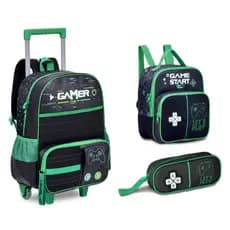 Kit Mochila Carrinho Game Start  Estojo Lancheira Cor Verde e Preto