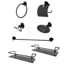 Kit Para Banheiro Stander 07 Peças Preto Porta Shampoo Reto