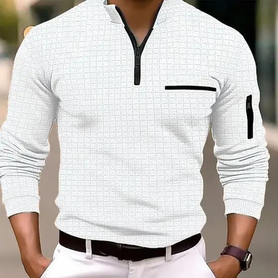 Camisa POLO xadrez masculina com zíper e braço camisa polo esportiva