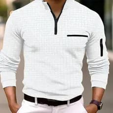 Camisa POLO xadrez masculina com zíper e braço camisa polo esportiva