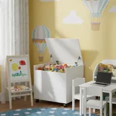 Organizador Baú Tampa Rodízios Porta Brinquedos Infantil Sala Quarto Criança Multiuso Branco MDF