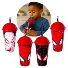 Copo Com Tampa e Canudo Homem-Aranha 500ml Meninos sem BPA Vermelho Criança Infantil Spider Man