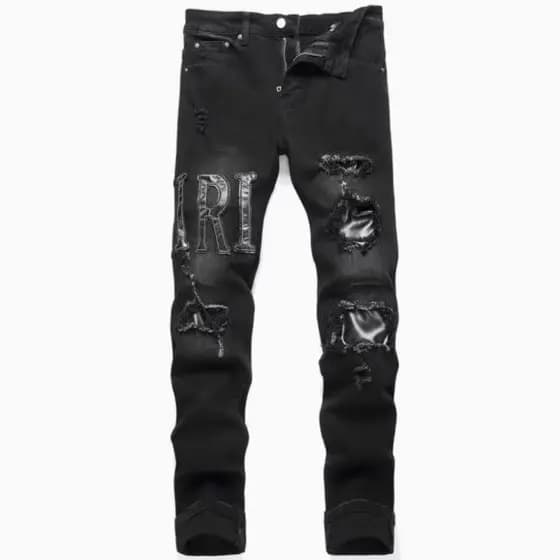 Versão alta estilo AM Punk Retro azul rasgado fino ajuste estiramento impressão impressa tingido magro Jeans masculino n