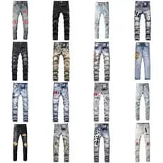 Novo estilo High street street Wear Jeans masculino rasgado bordado retalhos remendo de couro estiramento reto fino-