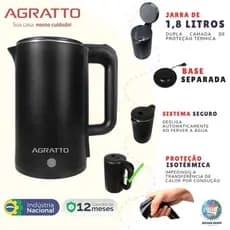 Chaleira Elétrica Térmica Aroma 1,8 Litros Agratto Moderna Jarra 1500w Preta Dupla Camadas 110V/220V