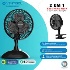 Micro Ventilador De Mesa 127V/220V Ventisol 20cm  Turbo Portátil Compacto 3 Pás Silencioso e Potente