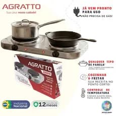 Fogão Elétrico Portátil Agratto 127V ou 220V 2000W 2 Pratos Inox Camping Viagem Fogareiro ou Cooktop