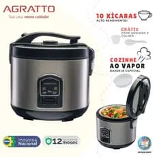 Panela Elétrica de Arroz Agratto Inox 10X Visor Vidro 700W 127V/220V Original Bandeja Legumes 5 em 1