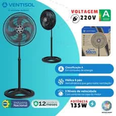 Ventilador Coluna Pedestal Ventisol 50cm 40cm 220V Potente e Silencioso com Alta Vazão 3 Velocidades