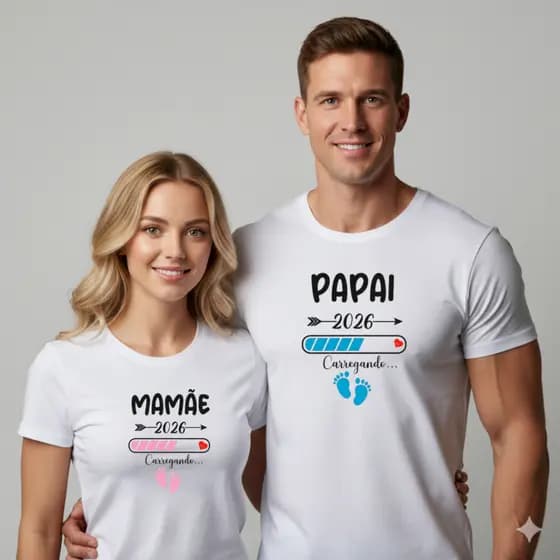 Camiseta Casal Papai Mamãe 2026 Kit 2 Blusas Esperando Bebê - Grávida Carregando... 100% Algodão