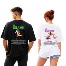 Kit Camiseta Casal Combinando Rapunzel e José Flynn Desenho Fofo Lançamento Envio Imediato