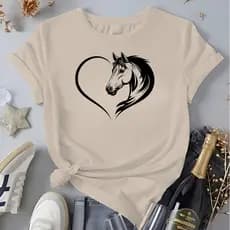 Camiseta Rodeio Country Feminina Desenho Cavalo Metade Coração Blusa 100%Algodão Cowboy