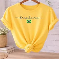 Camiseta Feminina Brasileira Amarela Estampa Brasil T-Shirt Básica Casual Copa Seleção Lançamento