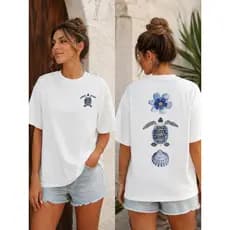 Camiseta Feminina T-Shirt Básica Estampa de Conchas e Estrelas-do-mar Verão Blusinha Casual Estilo