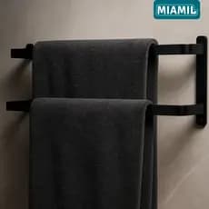 Porta Toalha de Banho Duplo em Metal Pintura Anti Risco Preto Fosco - Miamil