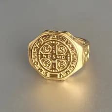 Anel Masculino Dedeira São Bento Octogonal Dourado de Aço Inoxidável 316L
