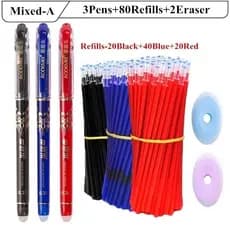 3 Canetas + 80 Recargas + 2 Conjunto de Apagadores Caneta Gel Apagável Azul Preto Vermelha 85Pcs/Set Papelaria Escolar