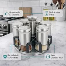 Porta Temperos 6 Potes 120ml de Vidro Condimentos Com Suporte Giratório Cozinha Tempero