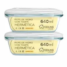 Kit 2 Potes de Vidro Hermético 640ml com Tampa Trava  Marmita de Vidro para Microondas, Freezer e Forno