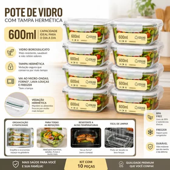 it  Potes de Vidro Hermético 600ml Tampa Trava Quadrado Marmita Refratária Forno Micro-ondas Freezer