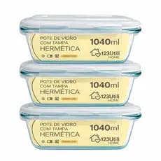 Kit 3 Potes Vidro Hermético 1040ml com Tampa Armazenamento Alimentos Marmita